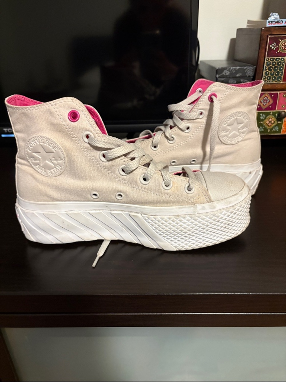 Converse High Top Platform Sneakers in Cream with Pink Accents US 8